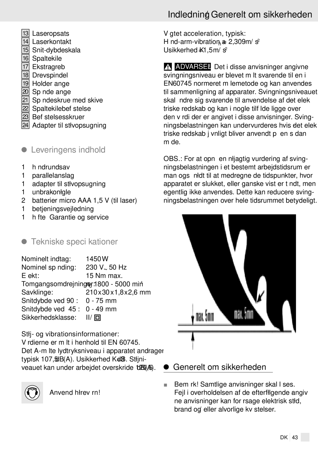 Kompernass PHKS 1450 LASER manual Indledning / Generelt om sikkerheden, Leveringens indhold, Tekniske specifikationer 